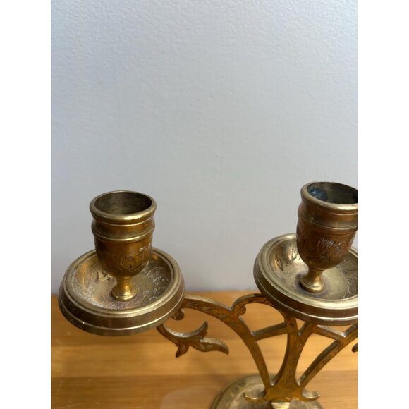 Antique vintage brass etched Candle Holder Vintage Candelabra 3 Branches Candela - Picture 3 of 7